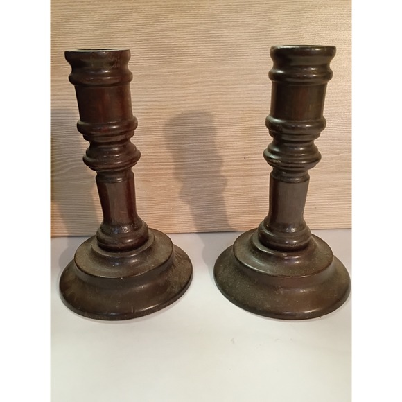 Other - Vintage UCC Turned Wood Candlestick Holders Pair Dark Brown Traditional Decor